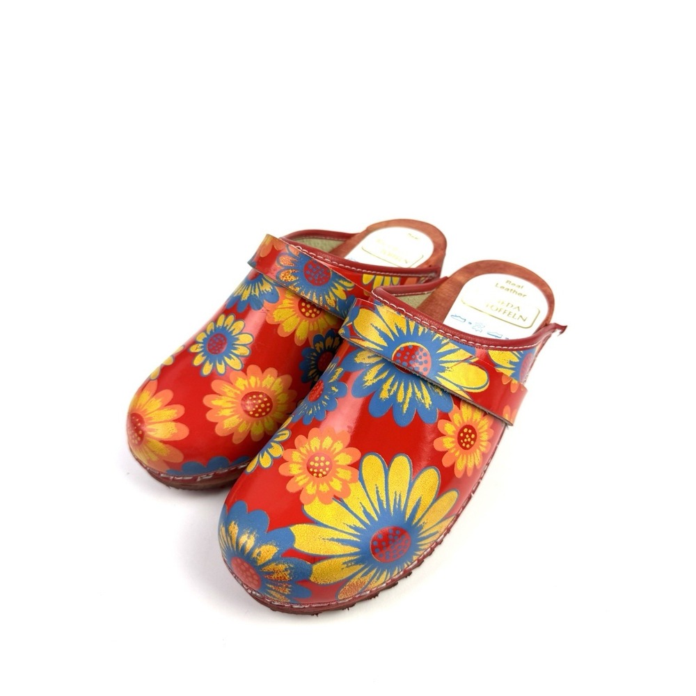 Moheda Toffeln Clogs 36 Floral Sweden Leather Flower Power 70's Hippie Shoes